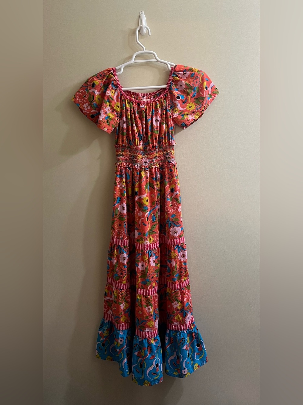 Printfresh Coral Floral Maxi Dress with Blue Hem Size XS